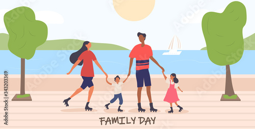 Young family with kids enjoying family day roller skating in the park with their small son and daughter, vector illustration