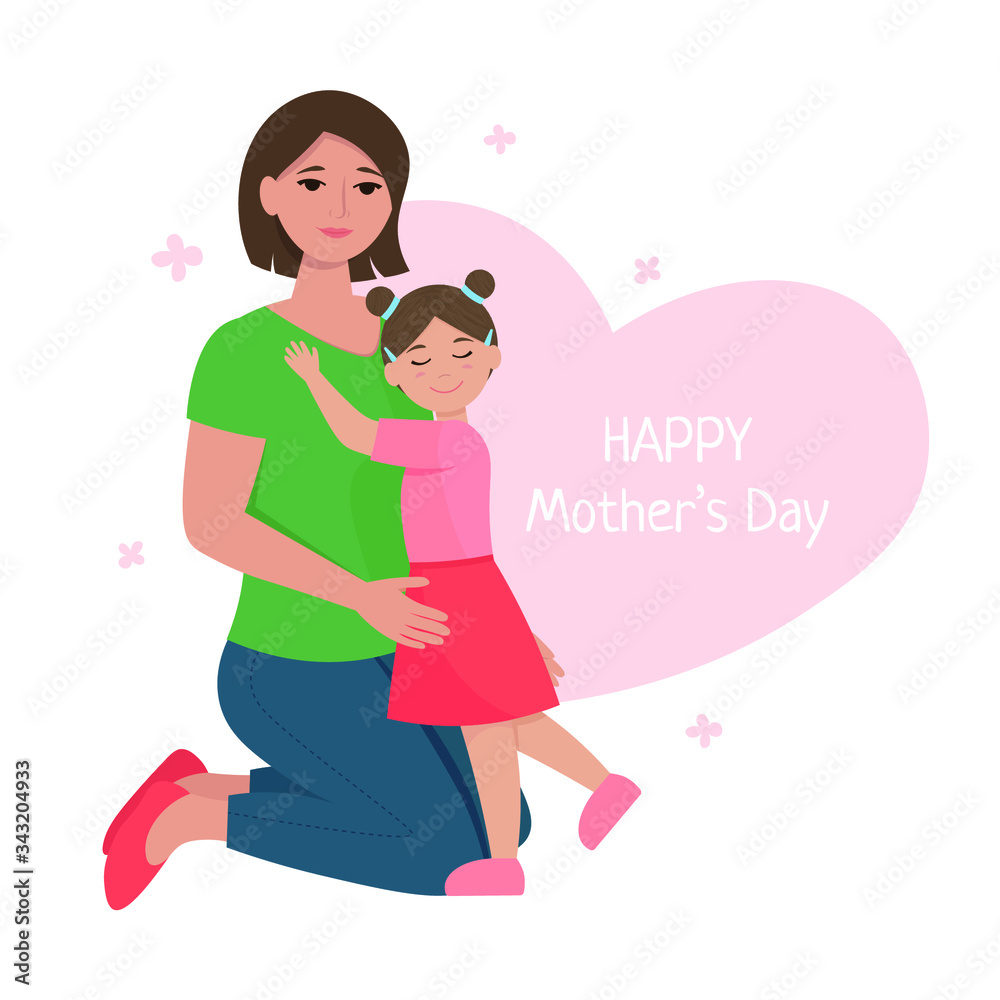 Mom with daughter cuddling. Mother and daughter hugging. Happy mother’s Day greeting card. Vector illustration in flat style