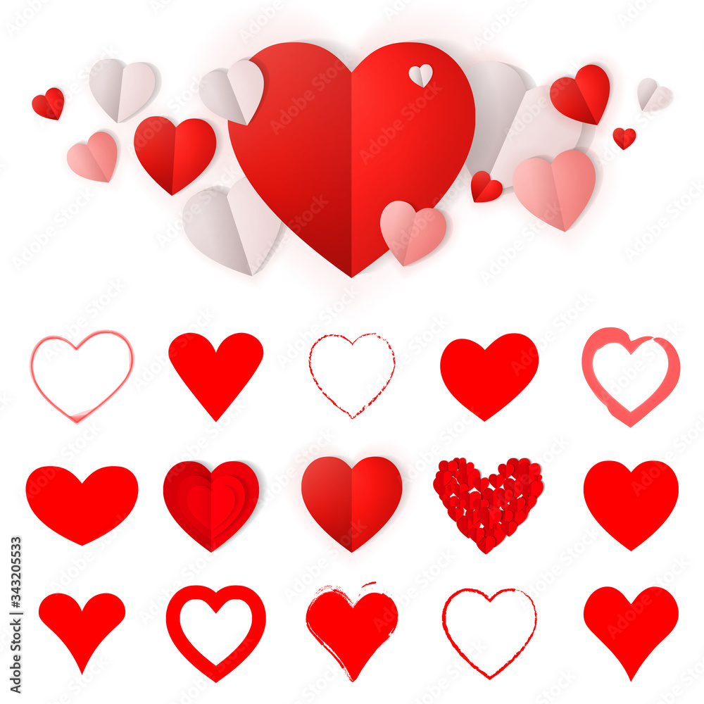 Red hearts big set. Valentines day icons. Heart signs isolated on white background. Love concept stickers Red hearts big set. Valentines day icons. Heart signs isolated on white background. Love concept stickers