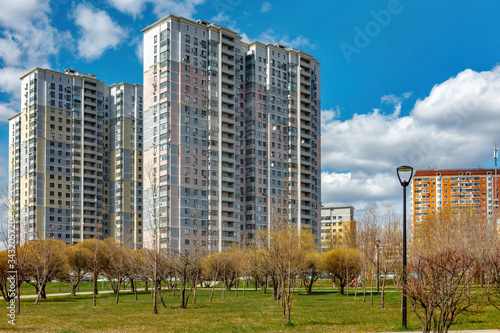 Butovo district, new building, panoramic view into the territory near the house, new houses, building, architecture, park.