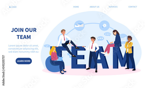 Join Our Team or business teamwork concept with large text surrounded by diverse businesspeople sharing ideas and brainstorming, colored vector illustration with copy space