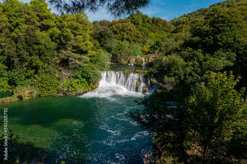 Amazing view of the natural Krka waterfalls. Sunny day, view of the Krka National Park located by Roski Slap in Croatia.