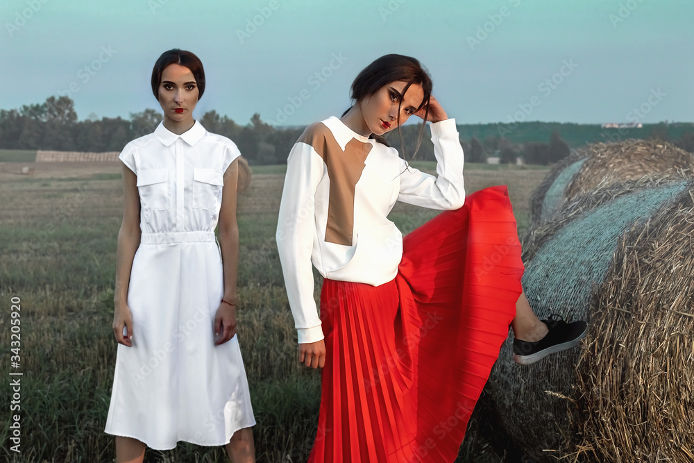 Portrait of two dark-haired sisters girls in stylish clothes, against the background of a field and haystacks. Portrait of two dark-haired sisters girls in stylish clothes, against the background of a field and haystacks.
