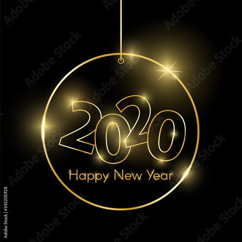 Gold shiny glowing christmas toy isolated on black. 2020 golden luxury line border for invitation, card, sale, fashion etc. Minimalistic luxury New Year 2020 concept