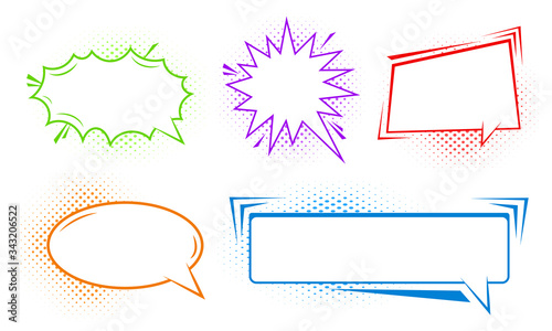 Pack of detailed empty comic speech bubbles. Multicilored isolated on white background. Vintage art style graphic elements. Hand drawn text comics bubbles