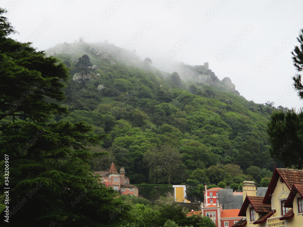 View of the mountains during a foggy day in Sintra. Portugal.  