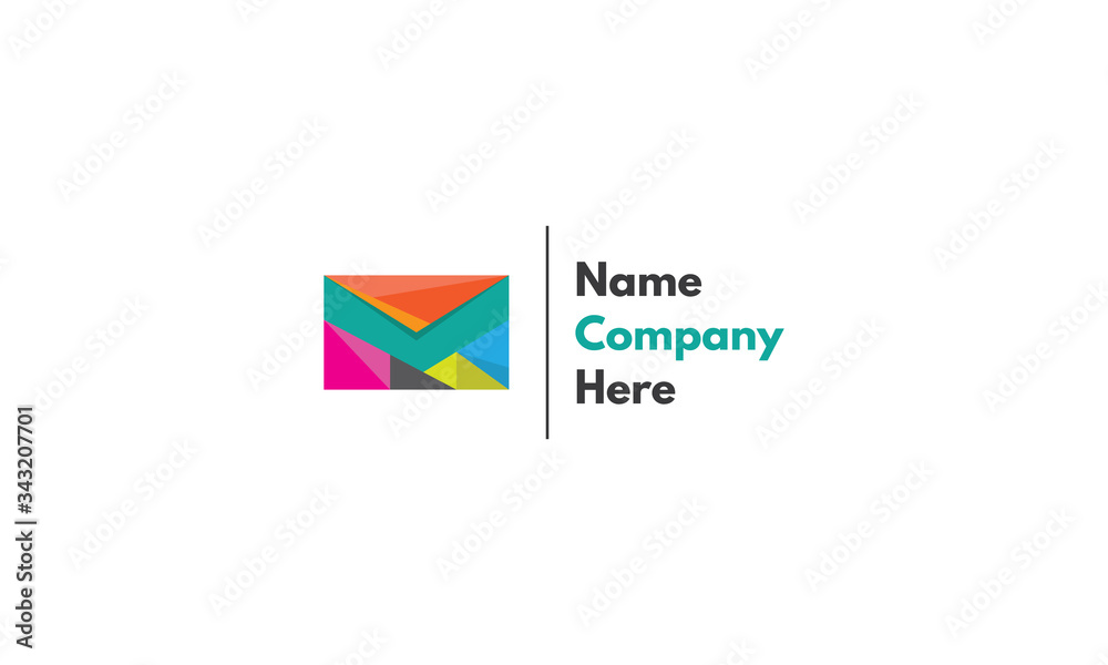 Vector logo on which an abstract image of an envelope composed of colored geometric shapes in which you can see the outline of the letter M.