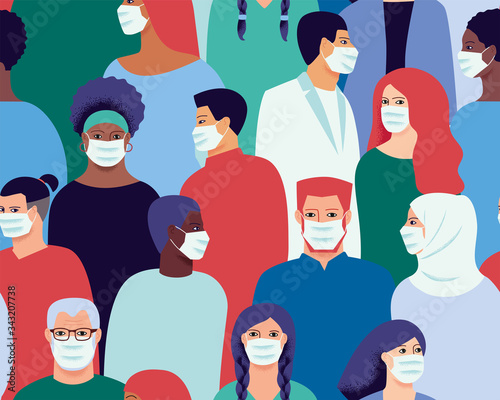 People in medical face mask. Concept of coronavirus quarantine vector illustration. Seamless pattern.
