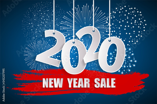 New Year sale 2020 blue concept with fireworks. 2020 sign made with paper cuted white numbers on ropes. Origami style numbers. Christmas and Chinese New Year decor