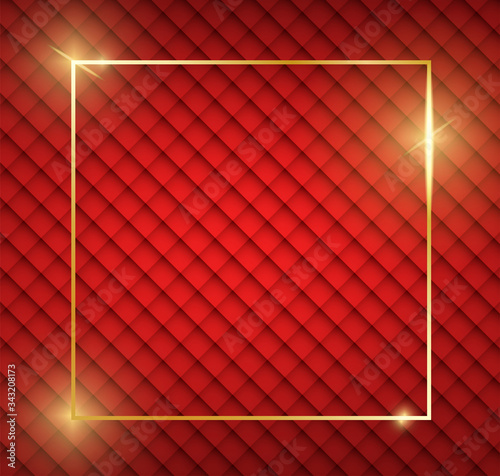 Gold shiny glowing frame with shadows on red vintage texture. Golden luxury realistic square border. Christmas and New Year empty card. For sale, invitation, flyer, cover, poster design