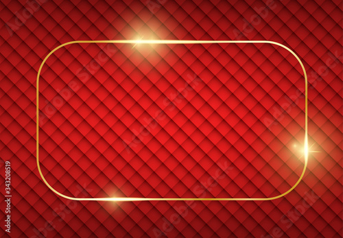 Gold shiny glowing frame with shadows on red vintage texture. Golden luxury realistic rectangle border. Christmas and New Year empty card. For sale, invitation, flyer, cover, poster design