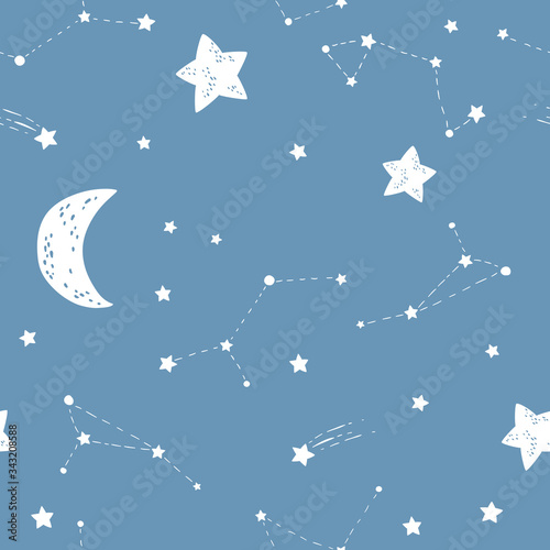 Starry sky nursery seamless pattern. Moon with stars and constellations on a blue background. Vector simple childish hand-drawn background in cartoon style.