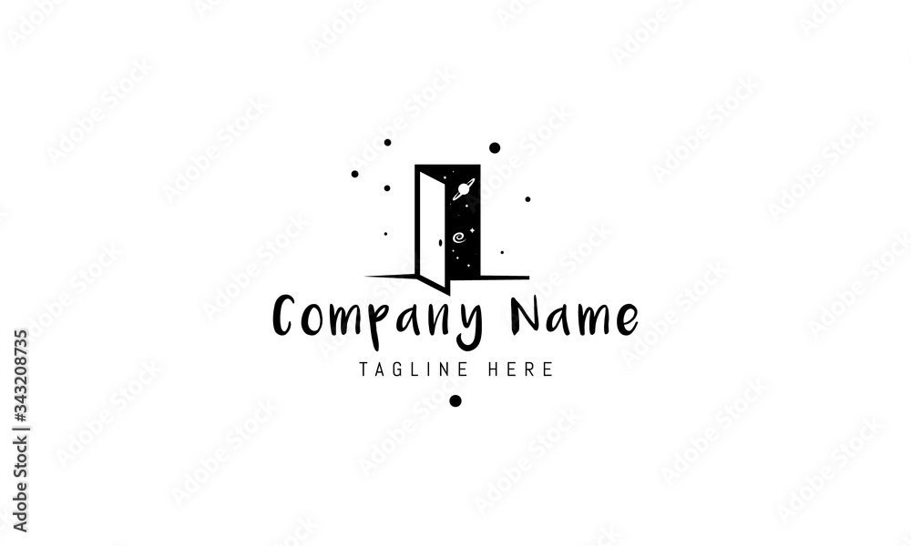 Vector logo on which an abstract image of an open door behind which the universe with stars and planets is visible. Vector logo on which an abstract image of an open door behind which the universe with stars and planets is visible.