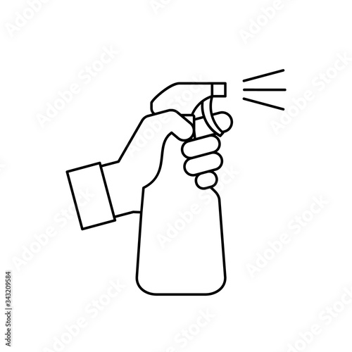 Hand holding a spray bottle line icon. Cleaning, disinfection concept. Antiseptic liquid for corona virus prevention. Alcohol sanitizer dispenser. Black outline on white background. Vector, clip art. 