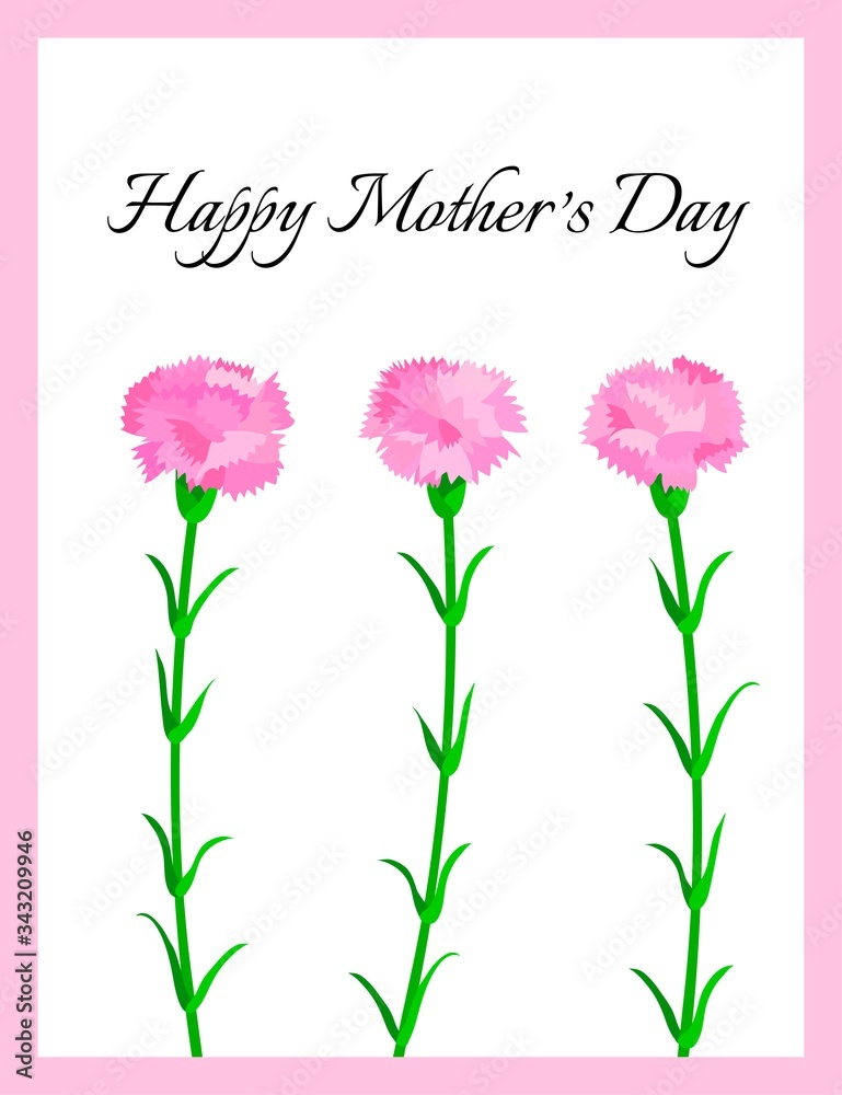 Mothers day card with pink carnation flowers and greeting text. Floral holiday background. Botanical illustration. Vector