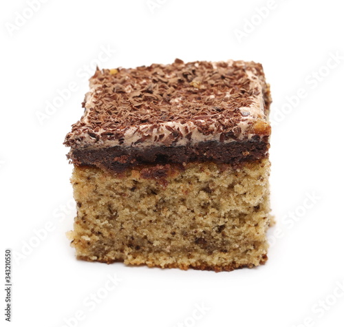 Chocolate cake, pastry slice with walnuts isolated on white background