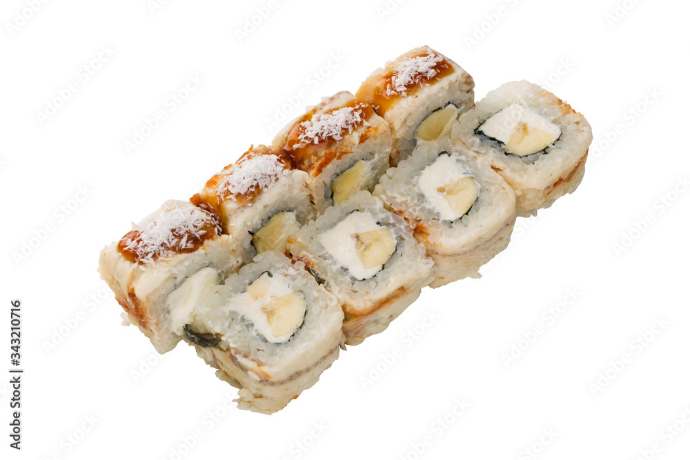 Asian cuisine. Japanese cuisine. Sushi rolls on a white background Asian cuisine. Japanese cuisine. Sushi rolls on a white background