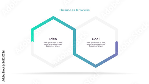 Business infographics. Timeline with 2 steps, options, hexagons. Vector template.