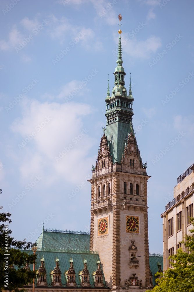 The clock tower of the Hamburg City Hall or Rathaus