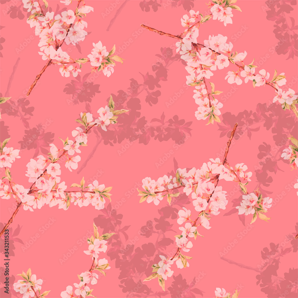 Cherry blossom watercolor seamless pattern. Beautiful vector hand drawn texture.