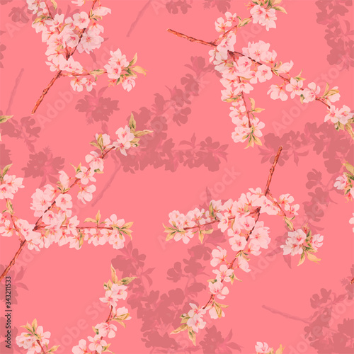 Cherry blossom watercolor seamless pattern. Beautiful vector hand drawn texture.