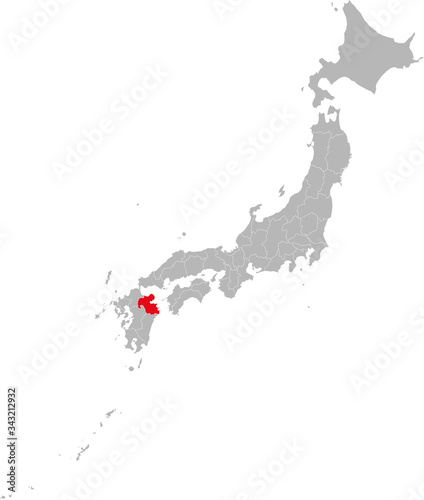 Oita province highlighted red on Japan map. Gray background. Perfect for business concepts, backgrounds, backdrop, sticker, banner, poster, label, chart and wallpaper.