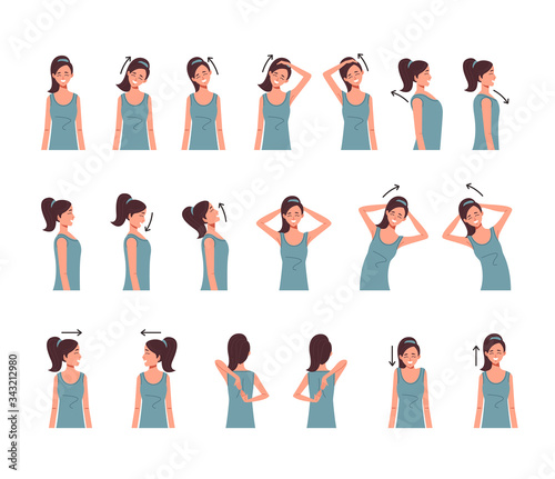 Neck shoulder spine exercise isolated set. Vector flat cartoon graphic design illustration