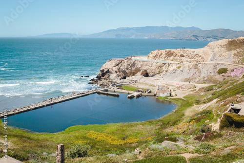 Scenic view from Sutro Baths Upper Trail on Pacific Ocean. Tourist spots in San Francisco, travel destinations in Bay Area, California landmarks