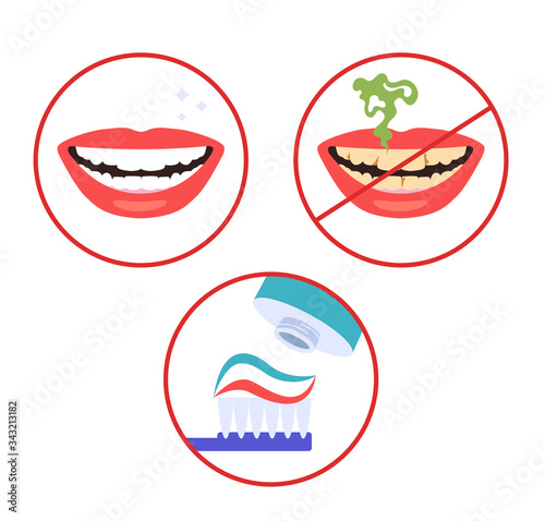 Brush clean teeth hygiene steps instruction isolated set. Vector flat cartoon graphic design illustration