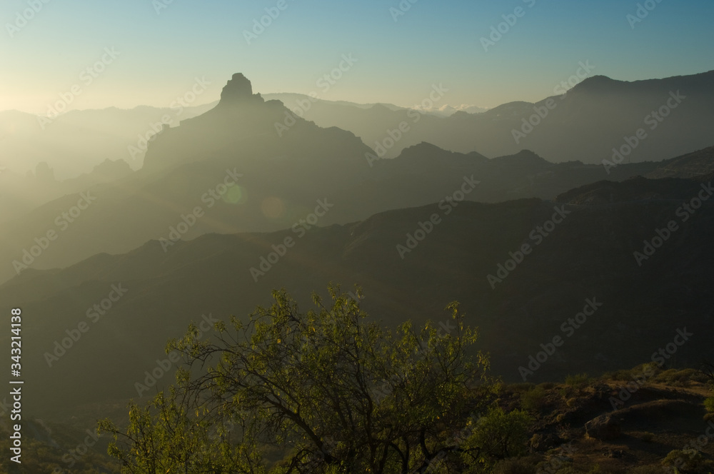 Obraz premium Roque Bentaiga and almond Prunus dulcis backlighting. The Nublo Rural Park. Tejeda. Gran Canaria. Canary Islands. Spain.