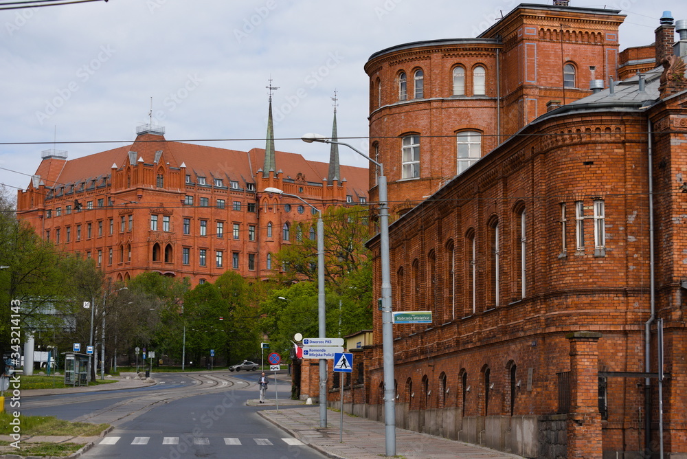 The red city hall and post office building in Szczecin.

