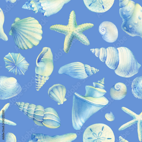 Seamless pattern with underwater life objects - blue sea shells, marine starfish. Watercolor hand drawn painting illustration isolated on blue background.