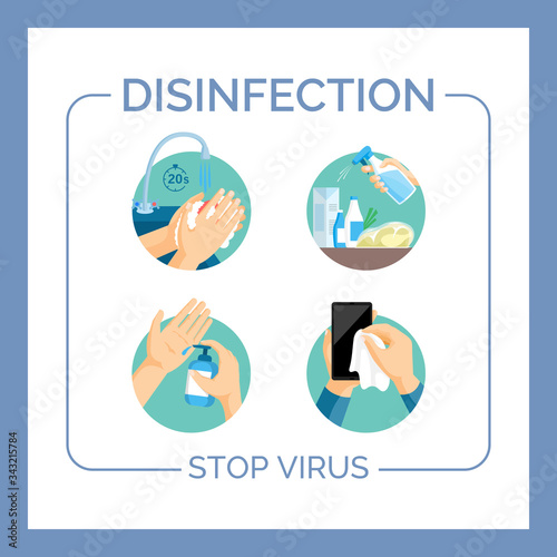 Disinfection and stop virus vector flat card template. Protection tips from Coronavirus Covid-19 outbreak.