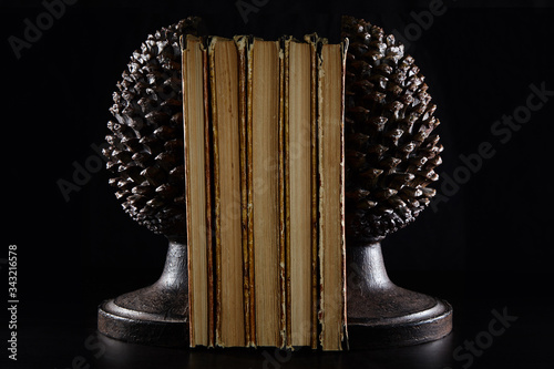 Canvas Print A stack of old books and book holders in the form of an asparagus head