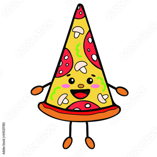 Funny cute drawn pizza, with a smile, eyes and hands. vector