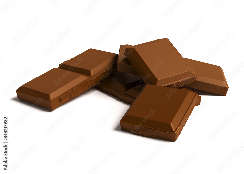 Chocolate pieces isolated on white background 3d rendering