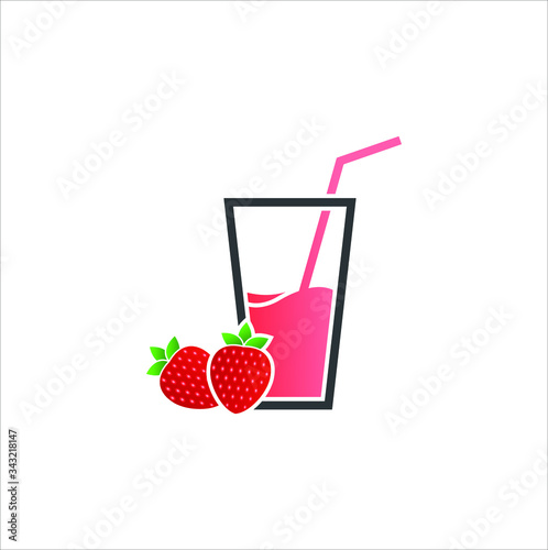 Natural fresh strawberry juice in a glass vector icon. Fruit juice logo concept