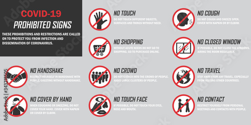 Coronavirus infographic background. Set of prohibited signs during quarantine