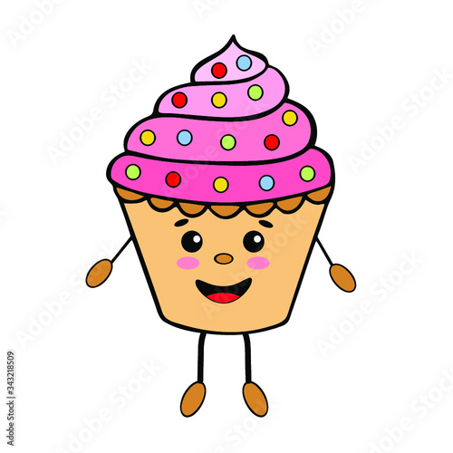 cute cupcake, with a smile, eyes and hands. vector