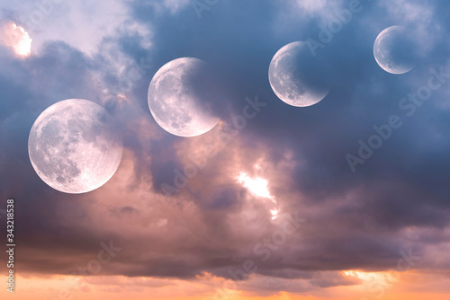 Steps of moon eclipse, lunar eclipse during sunrise, background 