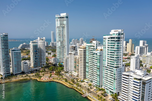 Aerial View of the hotels and tall apartment buildings near the Caribbean coast. Modern City Skyline.