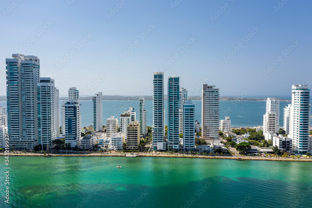 Aerial View of the modern Skyline of Cartagena de Indias in Colombia on the Caribbean coast of South America.