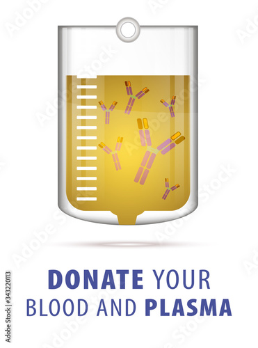 Plasma bag with antibodies from people cured of SARS-COV-2 Covid-19 prepared in a hospital, conceptual image