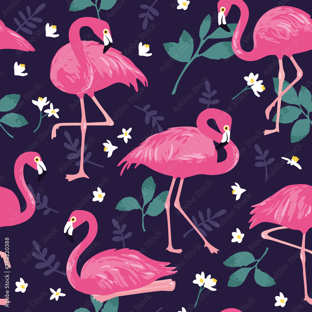 Obraz premium Vector seamless pattern with pink flamingos, tropical palm leaves and flowers. Hand Drawn illustration.
