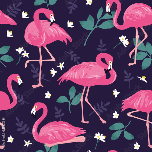Vector seamless pattern with pink flamingos, tropical palm leaves and flowers. Hand Drawn illustration.