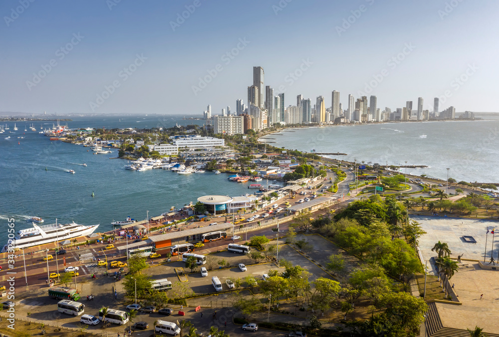 Panorama of the old and new parts of the city in Cartagena
