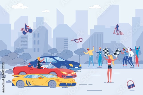 Street Car Racing, Girl with Race Flag, Audience