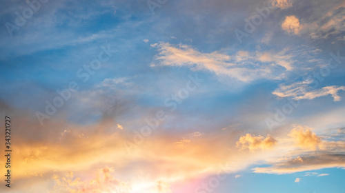 Beautiful sunset sky. Dramatic colorful clouds after sunset. Nature backgrounds