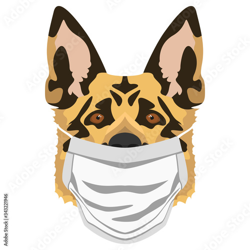 Illustration Hund Deutscher Schäferhund mit Atemschutzmaske