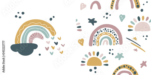 Seamless vector pattern with hand drawn rainbows and sun. Trendy baby texture